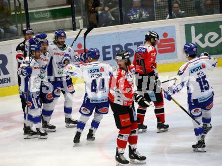 EBEL. Eishockey Bundesliga. VSV gegen HC Orli Znojmo.  Torjubel Fraser Jamie, Bjorkstrand Patrick, Poeyhoenen Marko (VSV). Villach, am 21.2.2020.
Foto: Kuess
www.qspictures.net
---
pressefotos, pressefotografie, kuess, qs, qspictures, sport, bild, bilder, bilddatenbank