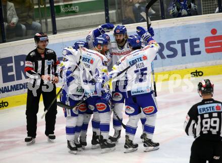 EBEL. Eishockey Bundesliga. VSV gegen HC Orli Znojmo.  Torjubel Fraser Jamie, Bjorkstrand Patrick, Poeyhoenen Marko (VSV). Villach, am 21.2.2020.
Foto: Kuess
www.qspictures.net
---
pressefotos, pressefotografie, kuess, qs, qspictures, sport, bild, bilder, bilddatenbank