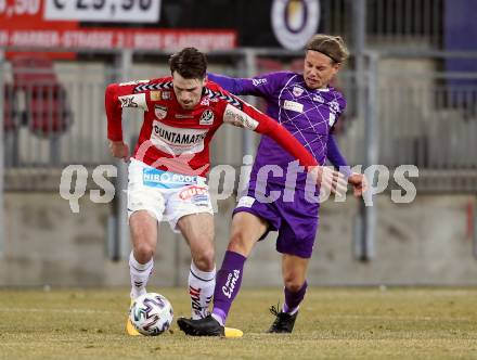 Fussball. 2. Liga. SK Austria Klagenfurt gegen SV Guntamatic Ried.  Patrick Greil, (Klagenfurt), Mario Lovre Vojkovic  (Ried). Klagenfurt, am 21.2.2020.
Foto: Kuess
www.qspictures.net
---
pressefotos, pressefotografie, kuess, qs, qspictures, sport, bild, bilder, bilddatenbank