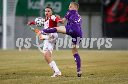 Fussball. 2. Liga. SK Austria Klagenfurt gegen SV Guntamatic Ried.  Florian Jaritz,  (Klagenfurt), Bernd Gschweidl (Ried). Klagenfurt, am 21.2.2020.
Foto: Kuess
www.qspictures.net
---
pressefotos, pressefotografie, kuess, qs, qspictures, sport, bild, bilder, bilddatenbank