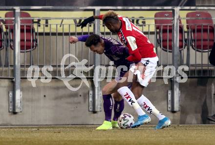 Fussball. 2. Liga. SK Austria Klagenfurt gegen SV Guntamatic Ried.  Oliver Markoutz,  (Klagenfurt), Kennedy Kofi Boateng (Ried). Klagenfurt, am 21.2.2020.
Foto: Kuess
www.qspictures.net
---
pressefotos, pressefotografie, kuess, qs, qspictures, sport, bild, bilder, bilddatenbank