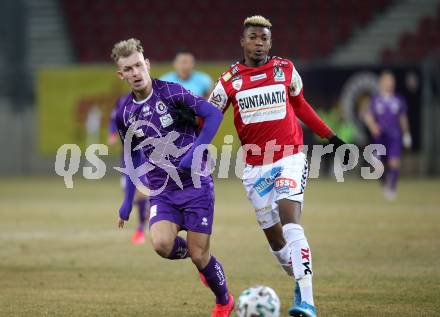 Fussball. 2. Liga. SK Austria Klagenfurt gegen SV Guntamatic Ried.  Benjamin Hadzic, (Klagenfurt), Kennedy Kofi Boateng  (Ried). Klagenfurt, am 21.2.2020.
Foto: Kuess
www.qspictures.net
---
pressefotos, pressefotografie, kuess, qs, qspictures, sport, bild, bilder, bilddatenbank