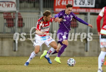 Fussball. 2. Liga. SK Austria Klagenfurt gegen SV Guntamatic Ried.  Oliver Markoutz, (Klagenfurt),  Marcel Ziegl  (Ried). Klagenfurt, am 21.2.2020.
Foto: Kuess
www.qspictures.net
---
pressefotos, pressefotografie, kuess, qs, qspictures, sport, bild, bilder, bilddatenbank