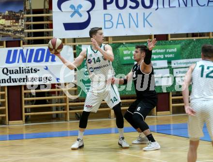 Basketball Zweite Liga 2019/2020. Play Down 1. Runde. KOS Celovec gegen  Raiders Tirol. Lovro Fizuleto (KOS Celovec), Stefan Oberhauser (Tirol). Klagenfurt, am 22.2.2020.
Foto: Kuess
www.qspictures.net

---
pressefotos, pressefotografie, kuess, qs, qspictures, sport, bild, bilder, bilddatenbank