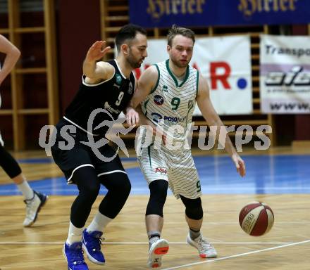 Basketball Zweite Liga 2019/2020. Play Down 1. Runde. KOS Celovec gegen  Raiders Tirol. Tim Huber (KOS Celovec), Emmanouil Bechrakis (Tirol). Klagenfurt, am 22.2.2020.
Foto: Kuess
www.qspictures.net

---
pressefotos, pressefotografie, kuess, qs, qspictures, sport, bild, bilder, bilddatenbank