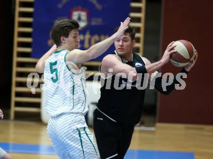 Basketball Zweite Liga 2019/2020. Play Down 1. Runde. KOS Celovec gegen  Raiders Tirol. Andi Smrtnik (KOS Celovec), Stefan Oberhauser (Tirol). Klagenfurt, am 22.2.2020.
Foto: Kuess
www.qspictures.net

---
pressefotos, pressefotografie, kuess, qs, qspictures, sport, bild, bilder, bilddatenbank