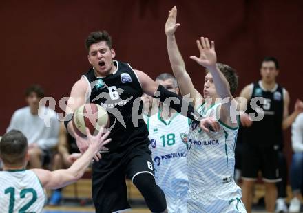 Basketball Zweite Liga 2019/2020. Play Down 1. Runde. KOS Celovec gegen  Raiders Tirol. Andi Smrtnik (KOS Celovec), Stefan Oberhauser (Tirol). Klagenfurt, am 22.2.2020.
Foto: Kuess
www.qspictures.net

---
pressefotos, pressefotografie, kuess, qs, qspictures, sport, bild, bilder, bilddatenbank