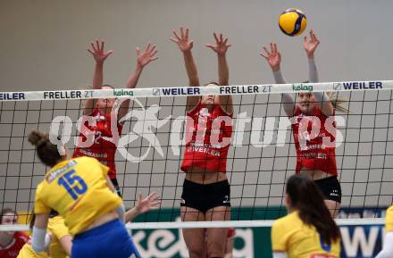 Volleyball. AVL. ATSC Kelag Wildcats Klagenfurt gegen VC Tirol. Lucia Aichholzer, Nikolina Bajic, Ana Bajic (Wildcats). Klagenfurt, am 22.2.2020.
Foto: Kuess
---
pressefotos, pressefotografie, kuess, qs, qspictures, sport, bild, bilder, bilddatenbank