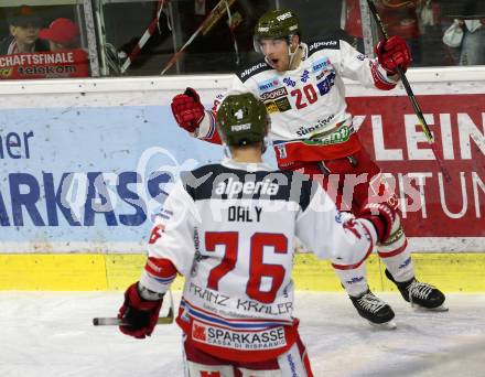 EBEL. Eishockey Bundesliga. KAC gegen	HCB Suedtirol Alperia. Torjubel Dennis Robertson, Timothy Daly  (Bozen). Klagenfurt, am 27.2.2020.
Foto: Kuess
www.qspictures.net

---
pressefotos, pressefotografie, kuess, qs, qspictures, sport, bild, bilder, bilddatenbank