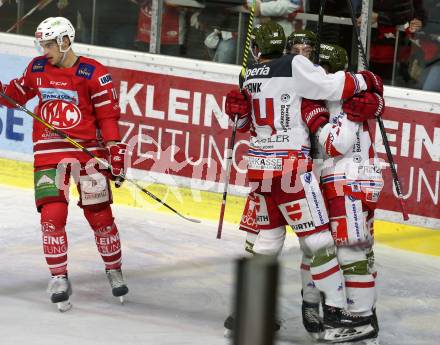 EBEL. Eishockey Bundesliga. KAC gegen	HCB Suedtirol Alperia. Torjubel Dennis Robertson, Timothy Daly, Daniel Frank   (Bozen). Klagenfurt, am 27.2.2020.
Foto: Kuess
www.qspictures.net

---
pressefotos, pressefotografie, kuess, qs, qspictures, sport, bild, bilder, bilddatenbank