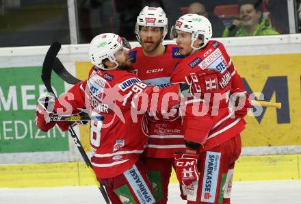 EBEL. Eishockey Bundesliga. KAC gegen	HCB Suedtirol Alperia. Torjubel Thomas Hundertpfund, Patrick Harand, Daniel Obersteiner (KAC). Klagenfurt, am 27.2.2020.
Foto: Kuess
www.qspictures.net

---
pressefotos, pressefotografie, kuess, qs, qspictures, sport, bild, bilder, bilddatenbank