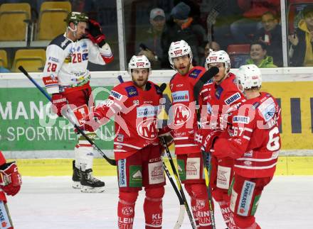 EBEL. Eishockey Bundesliga. KAC gegen	HCB Suedtirol Alperia. Torjubel Thomas Hundertpfund, Patrick Harand, Daniel Obersteiner, Petter Hansson (KAC). Klagenfurt, am 27.2.2020.
Foto: Kuess
www.qspictures.net

---
pressefotos, pressefotografie, kuess, qs, qspictures, sport, bild, bilder, bilddatenbank