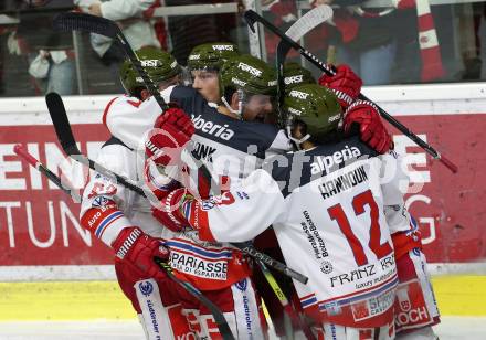 EBEL. Eishockey Bundesliga. KAC gegen	HCB Suedtirol Alperia. Torjubel Dennis Robertson, Timothy Daly, Daniel Frank, Dante Hannoun  (Bozen). Klagenfurt, am 27.2.2020.
Foto: Kuess
www.qspictures.net

---
pressefotos, pressefotografie, kuess, qs, qspictures, sport, bild, bilder, bilddatenbank