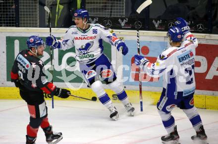 EBEL. Eishockey Bundesliga. VSV gegen 	HC TWK Innsbruck.  Torjubel Anton Karlsson, Marco Poeyhoenen (VSV). Villach, am 29.2.2020.
Foto: Kuess
www.qspictures.net
---
pressefotos, pressefotografie, kuess, qs, qspictures, sport, bild, bilder, bilddatenbank