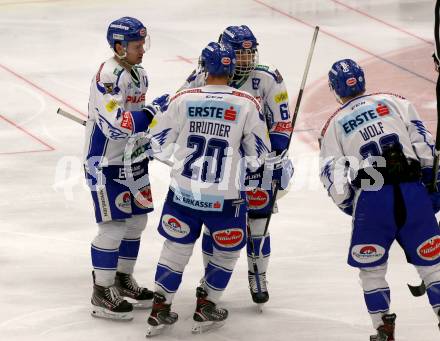 EBEL. Eishockey Bundesliga. VSV gegen 	HC TWK Innsbruck. Torjubel Alexander Lahoda, Nico Brunner, Martin Urbanek, Bernd Wolf  (VSV). Villach, am 29.2.2020.
Foto: Kuess
www.qspictures.net
---
pressefotos, pressefotografie, kuess, qs, qspictures, sport, bild, bilder, bilddatenbank