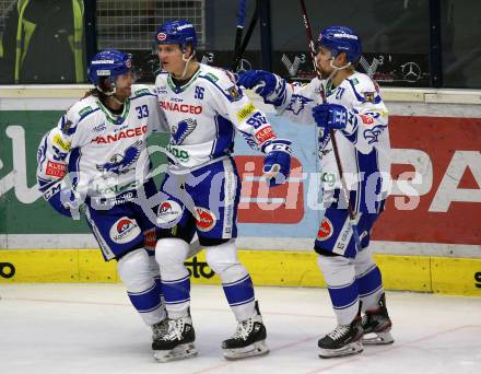 EBEL. Eishockey Bundesliga. VSV gegen 	HC TWK Innsbruck. Torjubel Martin Ulmer, Anton Karlsson, Marco Poeyhoenen  (VSV). Villach, am 29.2.2020.
Foto: Kuess
www.qspictures.net
---
pressefotos, pressefotografie, kuess, qs, qspictures, sport, bild, bilder, bilddatenbank