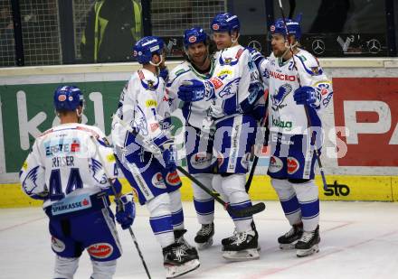 EBEL. Eishockey Bundesliga. VSV gegen 	HC TWK Innsbruck.  Torjubel Jamie Fraser, Chris Collins, Martin Ulmer, Anton Karlsson, Marco Poeyhoenen (VSV). Villach, am 29.2.2020.
Foto: Kuess
www.qspictures.net
---
pressefotos, pressefotografie, kuess, qs, qspictures, sport, bild, bilder, bilddatenbank