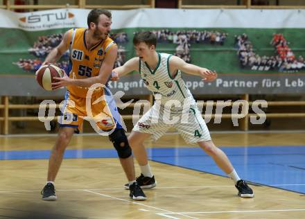 Basketball Zweite Liga 2019/2020. Play Down 2. Runde. KOS Celovec gegen   BBU Salzburg. Samuel Seher (KOS Celovec), Luka Milovac (Salzburg). Klagenfurt, am 1.3.2020.
Foto: Kuess
www.qspictures.net

---
pressefotos, pressefotografie, kuess, qs, qspictures, sport, bild, bilder, bilddatenbank