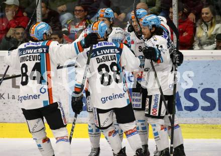 EBEL. Eishockey Bundesliga. KAC gegen	EHC Liwest Black Wings Linz. Torjubel Rick Schofield, Brian Lebler, Josh Roach, DRagan Umicevic, Dan Dasilva   (Linz). Klagenfurt, am 4.3.2020.
Foto: Kuess
www.qspictures.net

---
pressefotos, pressefotografie, kuess, qs, qspictures, sport, bild, bilder, bilddatenbank