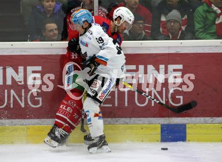 EBEL. Eishockey Bundesliga. KAC gegen	EHC Liwest Black Wings Linz. Siim Liivik,  (KAC), Marco Brucker  (Linz). Klagenfurt, am 4.3.2020.
Foto: Kuess
www.qspictures.net

---
pressefotos, pressefotografie, kuess, qs, qspictures, sport, bild, bilder, bilddatenbank