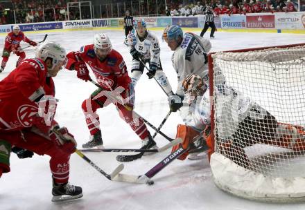 EBEL. Eishockey Bundesliga. KAC gegen	EHC Liwest Black Wings Linz. Manuel Geier, Marcel Witting,  (KAC),   Jeffrey Michael Glass, Matthew Nicholas Finn, (Linz). Klagenfurt, am 4.3.2020.
Foto: Kuess
www.qspictures.net

---
pressefotos, pressefotografie, kuess, qs, qspictures, sport, bild, bilder, bilddatenbank