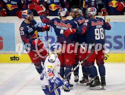 EBEL. Eishockey Bundesliga. VSV gegen EC Red Bull Salzburg.  Torjubel Connor Brickley, Bud Holloway, Derek Joslin, Chad Kolarik, Mario Huber (Salzburg). Villach, am 6.3.2020.
Foto: Kuess
www.qspictures.net
---
pressefotos, pressefotografie, kuess, qs, qspictures, sport, bild, bilder, bilddatenbank