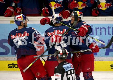EBEL. Eishockey Bundesliga. VSV gegen EC Red Bull Salzburg.  Torjubel Bud Holloway, Derek Joslin, Chad Kolarik (Salzburg). Villach, am 6.3.2020.
Foto: Kuess
www.qspictures.net
---
pressefotos, pressefotografie, kuess, qs, qspictures, sport, bild, bilder, bilddatenbank