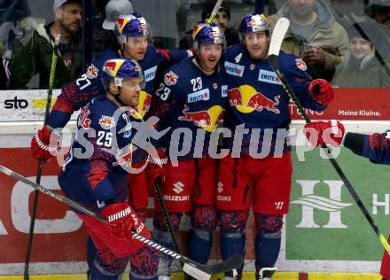 EBEL. Eishockey Bundesliga. VSV gegen EC Red Bull Salzburg.  Torjubel Joslin Derek, Brendan Mikkelson, Brent Regner, Bud Holloway  (Salzburg). Villach, am 6.3.2020.
Foto: Kuess
www.qspictures.net
---
pressefotos, pressefotografie, kuess, qs, qspictures, sport, bild, bilder, bilddatenbank