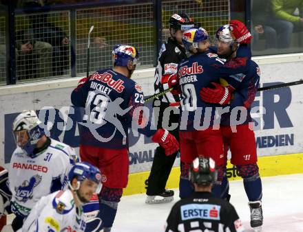 EBEL. Eishockey Bundesliga. VSV gegen EC Red Bull Salzburg.  Torjubel Raphael Herburger, Bud Holloway, Connor Brickley (Salzburg). Villach, am 6.3.2020.
Foto: Kuess
www.qspictures.net
---
pressefotos, pressefotografie, kuess, qs, qspictures, sport, bild, bilder, bilddatenbank