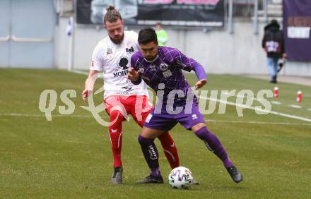 Fussball. 2. Liga. SK Austria Klagenfurt gegen FC Mohren Dornbirn 1913.  Maximiliano Moreira Romero, (Klagenfurt), Deniz Mujic  (Dornbirn). Klagenfurt, am 7.3.2020.
Foto: Kuess
www.qspictures.net
---
pressefotos, pressefotografie, kuess, qs, qspictures, sport, bild, bilder, bilddatenbank