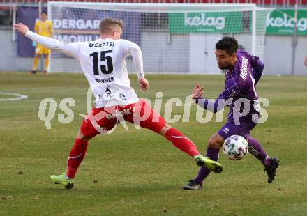 Fussball. 2. Liga. SK Austria Klagenfurt gegen FC Mohren Dornbirn 1913.  Maximiliano Moreira Romero, (Klagenfurt), Timo Friedrich  (Dornbirn). Klagenfurt, am 7.3.2020.
Foto: Kuess
www.qspictures.net
---
pressefotos, pressefotografie, kuess, qs, qspictures, sport, bild, bilder, bilddatenbank