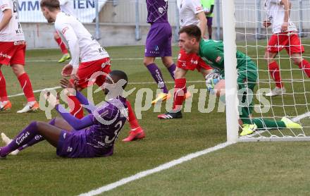 Fussball. 2. Liga. SK Austria Klagenfurt gegen FC Mohren Dornbirn 1913.  Mc Moordy King Huether,  (Klagenfurt), Maximilian Lang (Dornbirn). Klagenfurt, am 7.3.2020.
Foto: Kuess
www.qspictures.net
---
pressefotos, pressefotografie, kuess, qs, qspictures, sport, bild, bilder, bilddatenbank