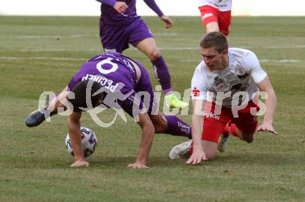 Fussball. 2. Liga. SK Austria Klagenfurt gegen FC Mohren Dornbirn 1913.  Darijo Pecirep,  (Klagenfurt), Marc Kuehne (Dornbirn). Klagenfurt, am 7.3.2020.
Foto: Kuess
www.qspictures.net
---
pressefotos, pressefotografie, kuess, qs, qspictures, sport, bild, bilder, bilddatenbank