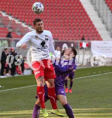 Fussball. 2. Liga. SK Austria Klagenfurt gegen FC Mohren Dornbirn 1913.  Oliver Markoutz, (Klagenfurt), Christopher Drazan  (Dornbirn). Klagenfurt, am 7.3.2020.
Foto: Kuess
www.qspictures.net
---
pressefotos, pressefotografie, kuess, qs, qspictures, sport, bild, bilder, bilddatenbank
