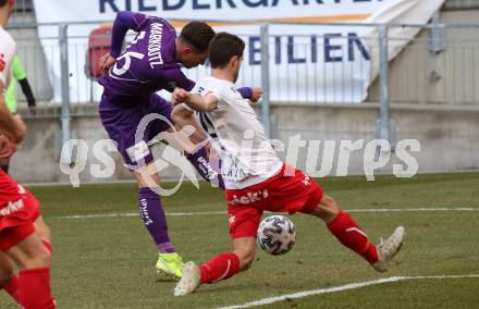 Fussball. 2. Liga. SK Austria Klagenfurt gegen FC Mohren Dornbirn 1913.  Oliver Markoutz, (Klagenfurt), Lukas Allgaeuer  (Dornbirn). Klagenfurt, am 7.3.2020.
Foto: Kuess
www.qspictures.net
---
pressefotos, pressefotografie, kuess, qs, qspictures, sport, bild, bilder, bilddatenbank