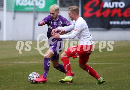 Fussball. 2. Liga. SK Austria Klagenfurt gegen FC Mohren Dornbirn 1913.  Okan Aydin,  (Klagenfurt), Timo Friedrich (Dornbirn). Klagenfurt, am 7.3.2020.
Foto: Kuess
www.qspictures.net
---
pressefotos, pressefotografie, kuess, qs, qspictures, sport, bild, bilder, bilddatenbank