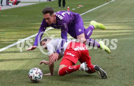 Fussball. 2. Liga. SK Austria Klagenfurt gegen FC Mohren Dornbirn 1913.  Oliver Markoutz,  (Klagenfurt), Marc Kuehne (Dornbirn). Klagenfurt, am 7.3.2020.
Foto: Kuess
www.qspictures.net
---
pressefotos, pressefotografie, kuess, qs, qspictures, sport, bild, bilder, bilddatenbank