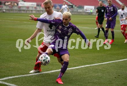 Fussball. 2. Liga. SK Austria Klagenfurt gegen FC Mohren Dornbirn 1913.  Okan Aydin (Klagenfurt), Leonardo Mattheo Zottele (Dornbirn). Klagenfurt, am 7.3.2020.
Foto: Kuess
www.qspictures.net
---
pressefotos, pressefotografie, kuess, qs, qspictures, sport, bild, bilder, bilddatenbank