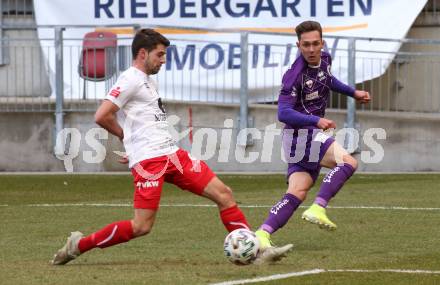 Fussball. 2. Liga. SK Austria Klagenfurt gegen FC Mohren Dornbirn 1913.  Oliver Markoutz,  (Klagenfurt), Lukas Allgaeuer (Dornbirn). Klagenfurt, am 7.3.2020.
Foto: Kuess
www.qspictures.net
---
pressefotos, pressefotografie, kuess, qs, qspictures, sport, bild, bilder, bilddatenbank