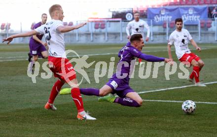 Fussball. 2. Liga. SK Austria Klagenfurt gegen FC Mohren Dornbirn 1913.  Oliver Markoutz, (Klagenfurt),  Leonardo Mattheo Zottele  (Dornbirn). Klagenfurt, am 7.3.2020.
Foto: Kuess
www.qspictures.net
---
pressefotos, pressefotografie, kuess, qs, qspictures, sport, bild, bilder, bilddatenbank
