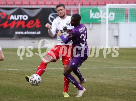 Fussball. 2. Liga. SK Austria Klagenfurt gegen FC Mohren Dornbirn 1913.  Mc Moordy King Huether,  (Klagenfurt), Christopher Drazan (Dornbirn). Klagenfurt, am 7.3.2020.
Foto: Kuess
www.qspictures.net
---
pressefotos, pressefotografie, kuess, qs, qspictures, sport, bild, bilder, bilddatenbank