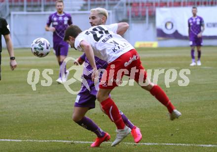 Fussball. 2. Liga. SK Austria Klagenfurt gegen FC Mohren Dornbirn 1913.  Oka Aydin,  (Klagenfurt), Lukas Allgaeuer (Dornbirn). Klagenfurt, am 7.3.2020.
Foto: Kuess
www.qspictures.net
---
pressefotos, pressefotografie, kuess, qs, qspictures, sport, bild, bilder, bilddatenbank