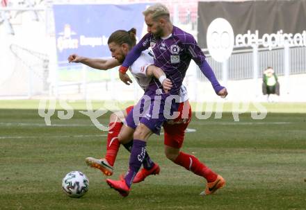 Fussball. 2. Liga. SK Austria Klagenfurt gegen FC Mohren Dornbirn 1913.  Okan Aydin, (Klagenfurt), Franco Joppi  (Dornbirn). Klagenfurt, am 7.3.2020.
Foto: Kuess
www.qspictures.net
---
pressefotos, pressefotografie, kuess, qs, qspictures, sport, bild, bilder, bilddatenbank