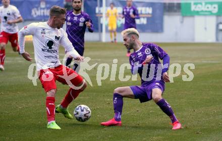 Fussball. 2. Liga. SK Austria Klagenfurt gegen FC Mohren Dornbirn 1913.  Okan Aydin, (Klagenfurt), Timo Friedrich  (Dornbirn). Klagenfurt, am 7.3.2020.
Foto: Kuess
www.qspictures.net
---
pressefotos, pressefotografie, kuess, qs, qspictures, sport, bild, bilder, bilddatenbank