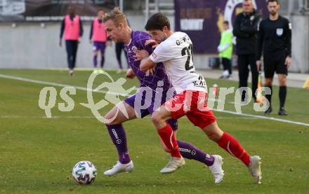 Fussball. 2. Liga. SK Austria Klagenfurt gegen FC Mohren Dornbirn 1913.  Florian Jaritz, (Klagenfurt), Lukas Allgaeuer  (Dornbirn). Klagenfurt, am 7.3.2020.
Foto: Kuess
www.qspictures.net
---
pressefotos, pressefotografie, kuess, qs, qspictures, sport, bild, bilder, bilddatenbank