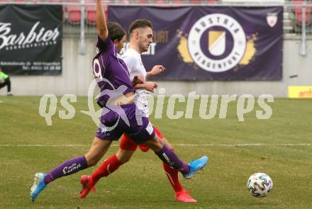 Fussball. 2. Liga. SK Austria Klagenfurt gegen FC Mohren Dornbirn 1913.  Julian von Haacke, (Klagenfurt), Maurice Mathis  (Dornbirn). Klagenfurt, am 7.3.2020.
Foto: Kuess
www.qspictures.net
---
pressefotos, pressefotografie, kuess, qs, qspictures, sport, bild, bilder, bilddatenbank