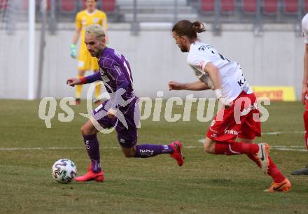 Fussball. 2. Liga. SK Austria Klagenfurt gegen FC Mohren Dornbirn 1913.  Okan Aydin, (Klagenfurt), Franco Joppi  (Dornbirn). Klagenfurt, am 7.3.2020.
Foto: Kuess
www.qspictures.net
---
pressefotos, pressefotografie, kuess, qs, qspictures, sport, bild, bilder, bilddatenbank
