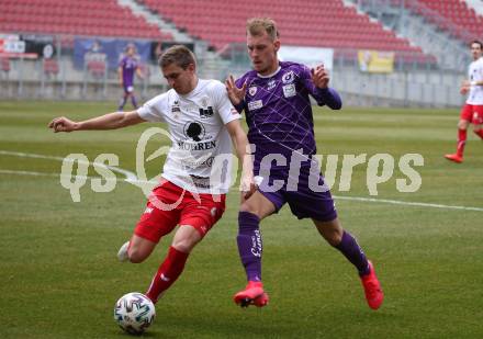 Fussball. 2. Liga. SK Austria Klagenfurt gegen FC Mohren Dornbirn 1913.  Benjamin Hadzic,  (Klagenfurt), Marc Kuehne (Dornbirn). Klagenfurt, am 7.3.2020.
Foto: Kuess
www.qspictures.net
---
pressefotos, pressefotografie, kuess, qs, qspictures, sport, bild, bilder, bilddatenbank