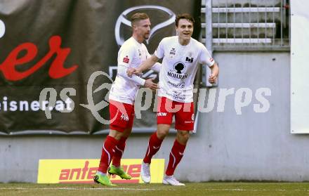Fussball. 2. Liga. SK Austria Klagenfurt gegen FC Mohren Dornbirn 1913.  Torjubel Lukas Fridrikas, Timo Friedrich (Dornbirn). Klagenfurt, am 7.3.2020.
Foto: Kuess
www.qspictures.net
---
pressefotos, pressefotografie, kuess, qs, qspictures, sport, bild, bilder, bilddatenbank