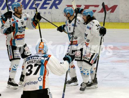 EBEL. Eishockey Bundesliga. KAC gegen	EHC Liwest Black Wings Linz. Torjubel Marco Brucker, Josh Roach, Justin Florek, Andreas Kristler   (Linz). Klagenfurt, am 8.3.2020.
Foto: Kuess
www.qspictures.net

---
pressefotos, pressefotografie, kuess, qs, qspictures, sport, bild, bilder, bilddatenbank